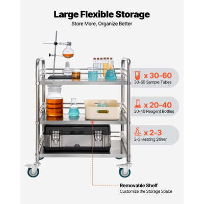 Καρότσι VEVOR από ανοξείδωτο ατσάλι, 3 επιπέδων τροχήλατο καρότσι εργαστηρίου με κλειδώσιμους τροχούς, δίσκος κλινικής με καρότσι σερβιρίσματος για ιατρεία, κινητός δίσκος αποθήκευσης βαρέως τύπου για νοσοκομείο, εστιατόριο, κουζίνα, κομμωτήριο