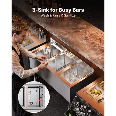 Νιπτήρας VEVOR 3 θέσεων, από ανοξείδωτο ατσάλι 18-Gauge 304, μέγεθος λεκάνης 254x356x254 mm, επαγγελματικός νεροχύτης 3 θέσεων κάτω από μπαρ με πλακάκια backsplash και αποτελεσματική αποστράγγιση για κουζίνα, εστιατόριο, φορτηγό τροφίμων και οικιακή χρήση