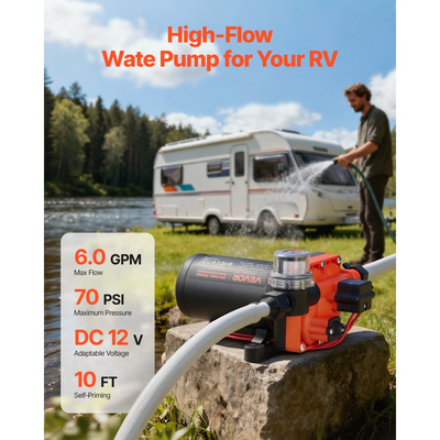 Αντλία νερού VEVOR RV, 12V DC 6 GPM (22,7 L/min), 4-θαλάμων αυτοαναρρόφησης αντλία νερού με διάφραγμα με αυτόματο διακόπτη πίεσης, μέγιστη πίεση 70 PSI, κατ' απαίτηση για RV, τροχόσπιτα, θαλάσσιο σκάφος, πλύσιμο αυτοκινήτων