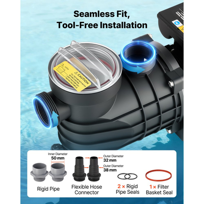 Αντλία πισίνας VEVOR Υπέργεια, 250W, Μέγιστη ροή 11.700 L/H, Μονή ταχύτητα, AC 220-240V, 2850 RPM, Μέγιστη ανύψωση κεφαλής 8 m, με καλάθι φίλτρου και καπάκι, για υπέργειες πισίνες, υδρομασάζ και σπα