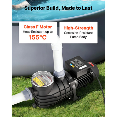 Αντλία πισίνας VEVOR Υπέργεια, 250W, Μέγιστη ροή 11.700 L/H, Μονή ταχύτητα, AC 220-240V, 2850 RPM, Μέγιστη ανύψωση κεφαλής 8 m, με καλάθι φίλτρου και καπάκι, για υπέργειες πισίνες, υδρομασάζ και σπα