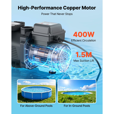 Αντλία πισίνας VEVOR, 400W, μέγιστη ροή 11.100 L/H, αντλία πισίνας μονής ταχύτητας, AC 220-240V, 3450 RPM, μέγιστη μανομετρική βαλβίδα 10 m, με χρονοδιακόπτη 24 ωρών και καλάθι φίλτρου, για υπέργειες και εντοιχισμένες πισίνες, υδρομασάζ, σπα