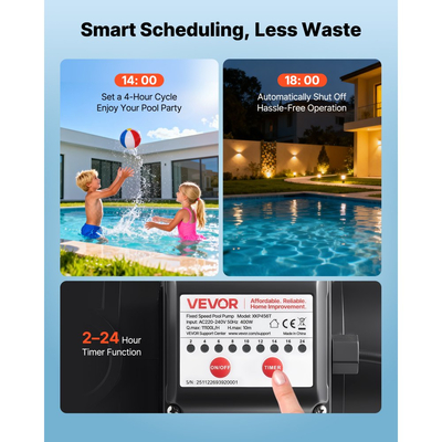 Αντλία πισίνας VEVOR, 400W, μέγιστη ροή 11.100 L/H, αντλία πισίνας μονής ταχύτητας, AC 220-240V, 3450 RPM, μέγιστη μανομετρική βαλβίδα 10 m, με χρονοδιακόπτη 24 ωρών και καλάθι φίλτρου, για υπέργειες και εντοιχισμένες πισίνες, υδρομασάζ, σπα