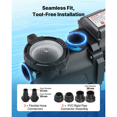 Αντλία πισίνας VEVOR, 400W, μέγιστη ροή 11.100 L/H, αντλία πισίνας μονής ταχύτητας, AC 220-240V, 3450 RPM, μέγιστη μανομετρική βαλβίδα 10 m, με χρονοδιακόπτη 24 ωρών και καλάθι φίλτρου, για υπέργειες και εντοιχισμένες πισίνες, υδρομασάζ, σπα