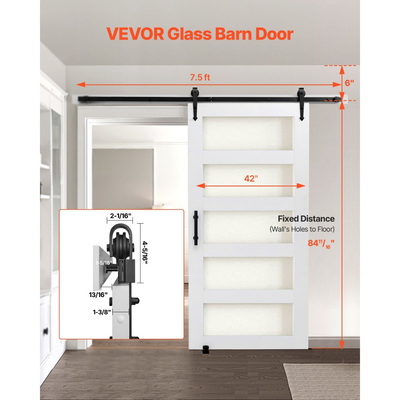 Συρόμενη Πόρτα Αχυρώνα VEVOR, 1067 x 2134mm, Πάνελ και Γυαλί Υψηλής Αντοχής από MDF, Πόρτα Αχυρώνα με Κιτ Μηχανισμών, Αδιάβροχη Επιφάνεια PVC, Εύκολη Εγκατάσταση, Πλαίσιο H, Ομαλά και Αθόρυβα Συρόμενη για Σαλόνι