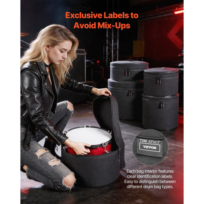 Σετ θηκών τυμπάνων VEVOR 5 τεμαχίων, 600D, θήκες τυμπάνων με επένδυση για μπάσο, τομ και ταμπούρο, παχιά επένδυση, ελαφριά προστατευτικά καλύμματα, θήκες αποθήκευσης ταξιδιού με φορητή λαβή, για προστασία αξεσουάρ τυμπάνων