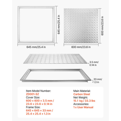 Κάλυμμα φρεατίου VEVOR με πλαίσιο, τετράγωνο καπάκι σηπτικής δεξαμενής 600 x 600 mm με βάση, ανθεκτικό στην ολίσθηση κάλυμμα πρόσβασης επιθεώρησης καναλιού αποστράγγισης από ανθρακούχο χάλυβα βαρέως τύπου για πεζοδρόμια, κήπους