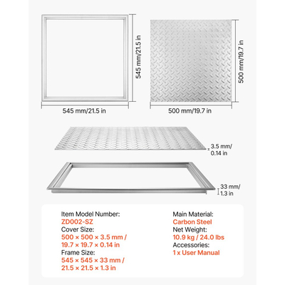 Κάλυμμα φρεατίου VEVOR με πλαίσιο, τετράγωνο καπάκι βόθρου 500 x 500 mm με βάση, ανθεκτικό στην ολίσθηση κάλυμμα πρόσβασης επιθεώρησης καναλιού αποστράγγισης από ανθρακούχο χάλυβα βαρέως τύπου για πεζοδρόμια, κήπους