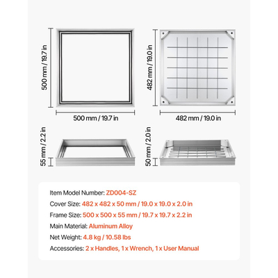 Κάλυμμα φρεατίου VEVOR με πλαίσιο, αόρατα καλύμματα πρόσβασης σε σηπτική δεξαμενή 500 x 500mm, ενσωματωμένο κάλυμμα επιθεώρησης καναλιού αποστράγγισης από κράμα αλουμινίου για πεζοδρόμια, κήπους, βεράντες