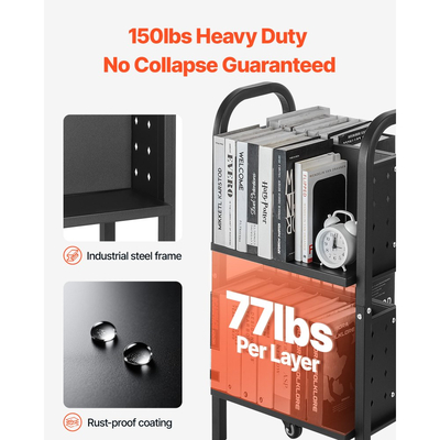 VEVOR Τροχαίο Βιβλιοθηκάριο, Χωρητικότητα 70 kg, Καρότσι Βιβλιοθήκης 45 x 33 x 88 cm, Ράφια διπλής όψης σε σχήμα L με κλειδώσιμες ρόδες 50,8 mm, Βιβλιοθηκάριο για ράφια σπιτιού, γραφείου και σχολείου, Μαύρο