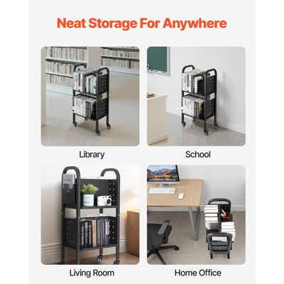 VEVOR Τροχαίο Βιβλιοθηκάριο, Χωρητικότητα 70 kg, Καρότσι Βιβλιοθήκης 45 x 33 x 88 cm, Ράφια διπλής όψης σε σχήμα L με κλειδώσιμες ρόδες 50,8 mm, Βιβλιοθηκάριο για ράφια σπιτιού, γραφείου και σχολείου, Μαύρο