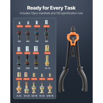 Κιτ εργαλείων παξιμαδιών πριτσινιού VEVOR, Κιτ εργαλείων παξιμαδιών πριτσινιού 420 mm, με 13 άξονες και 130 παξιμάδια, Μετρικό και SAE μέγεθος M3, M4, M5, M6, M8, M10, M12, 1/2-13, 8-32, 10-24, 1/4-20, 5/16-18, 3/8-16 UNC, θήκη μεταφοράς