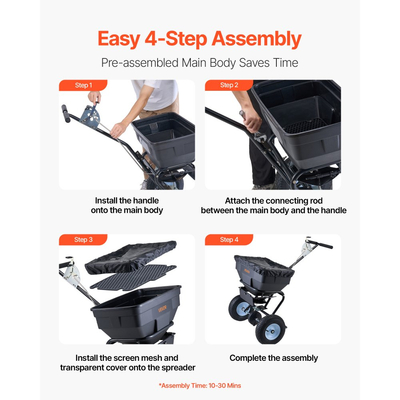 Διασκορπιστής γκαζόν VEVOR, Χωρητικότητα 100 λίβρες, Διασκορπιστής ώθησης με πεζό αμάξι, Πλάτος διασποράς 0-9,8 πόδια, Πνευματικά ελαστικά παντός εδάφους 13 ιντσών, Διασκορπιστές λιπασμάτων με σχάρα χοάνης, για λιώσιμο αλατιού σπόρων