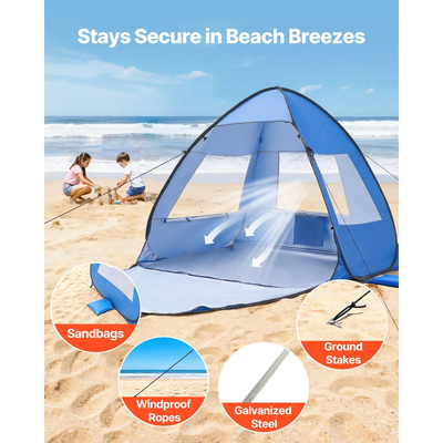 Σκηνή παραλίας VEVOR, στέγαστρο ηλίου για 2 άτομα, προστασία UPF 50+, φορητή τέντα ηλίου με τσάντα μεταφοράς και τσέπες για άμμο, ελαφριά και εύκολη εγκατάσταση ομπρέλα παραλίας για κάμπινγκ, ψάρεμα, υπαίθριο πικνίκ