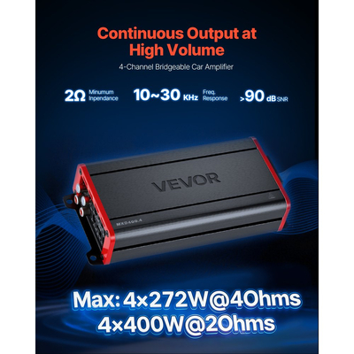 Ενισχυτής ήχου αυτοκινήτου VEVOR, 4-καναλικός γεφυρώσιμος ενισχυτής αυτοκινήτου, πολυκαναλικός στερεοφωνικός ενισχυτής κατηγορίας D, μέγ. 4 x 272W στα 4 Ohms / 4 x 400W στα 2 Ohms, υψηλή έξοδος, για SUV, Pick-up και οχήματα εκτός δρόμου