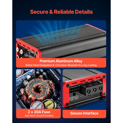 Ενισχυτής ήχου αυτοκινήτου VEVOR, 4-καναλικός γεφυρώσιμος ενισχυτής αυτοκινήτου, πολυκαναλικός στερεοφωνικός ενισχυτής κατηγορίας D, μέγ. 4 x 272W στα 4 Ohms / 4 x 400W στα 2 Ohms, υψηλή έξοδος, για SUV, Pick-up και οχήματα εκτός δρόμου