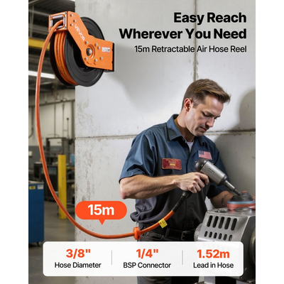 Ανασυρόμενο καρούλι λάστιχου αέρα VEVOR, υβριδικός λάστιχο αέρα 15m x 9,5mm μέγιστο 300PSI, καρούλι λάστιχων αεροσυμπιεστή με αυτόματη επανατύλιξη με είσοδο 1,52 m, περιστρεφόμενη 180° τοποθέτηση σε οροφή/τοίχο για συνεργεία γκαράζ