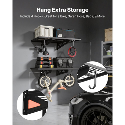 Ράφια τοίχου γκαράζ VEVOR 2 επιπέδων βαρέως τύπου, ατσάλινη μονάδα ραφιών τοίχου 610 x 914 mm με γάντζους, μεταλλική πλωτή βάση αποθήκευσης 610 x 914 mm ανά ράφι για γκαράζ, συνολική χωρητικότητα βάρους 227 kg
