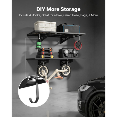 Ράφια τοίχου γκαράζ VEVOR 2 επιπέδων βαρέως τύπου, ατσάλινη μονάδα ραφιών τοίχου 610 x 1219 mm με γάντζους, μεταλλική πλωτή βάση αποθήκευσης 610 x 1219 mm ανά ράφι για γκαράζ, συνολική χωρητικότητα βάρους 227 kg