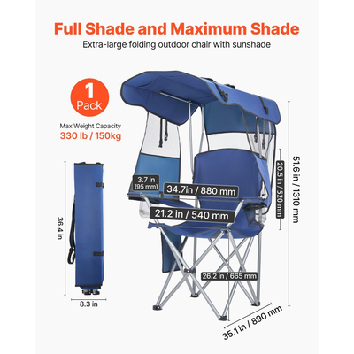 Πολυθρόνα κάμπινγκ VEVOR με σκίαστρο, πτυσσόμενη καρέκλα θαλάσσης με σκίαστρο και θήκη για γεμιστήρες, 2 θήκες για ποτήρια, στήριξη βαρέως τύπου 150 kg, τσάντες μεταφοράς για εξωτερικούς χώρους, κάμπινγκ, ψάρεμα, πίσω πόρτες, βαθύ μπλε