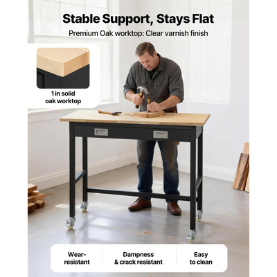 Πάγκος εργασίας VEVOR 1220 mm, χωρητικότητα φορτίου 680 kg, πάγκος εργασίας γκαράζ με συρτάρι και ρόδες, πάγκος εργαστηρίου με ρόδες, βαρέως τύπου τραπέζι εργασίας από ξύλο βελανιδιάς για γκαράζ, εργαστήριο, γραφείο και σπίτι