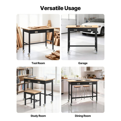 Πάγκος εργασίας VEVOR 1220 mm, χωρητικότητα φορτίου 680 kg, πάγκος εργασίας γκαράζ με συρτάρι και ρόδες, πάγκος εργαστηρίου με ρόδες, βαρέως τύπου τραπέζι εργασίας από ξύλο βελανιδιάς για γκαράζ, εργαστήριο, γραφείο και σπίτι