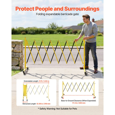 Βιομηχανικό επεκτάσιμο οδοφράγμα VEVOR, επεκτάσιμο φράγμα ασφαλείας 3,82 μ., εύκαμπτο κινητό οδοφράγμα με τροχούς κλειδώματος, φορητός πτυσσόμενος φράκτης ασφαλείας για ασανσέρ αποθήκης δρόμου