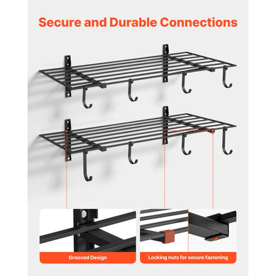 Ράφια τοίχου γκαράζ VEVOR 2 επιπέδων βαρέως τύπου, ατσάλινη μονάδα ραφιών τοίχου 61 x 122 cm με γάντζους, μεταλλική πλωτή βάση αποθήκευσης 610 x 1219 mm ανά ράφι με συνολική χωρητικότητα βάρους 235 kg, μαύρη