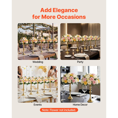 Βάζο λουλουδιών γάμου VEVOR 16 τεμαχίων, κεντρικά διακοσμητικά τραπεζιού λουλουδιών ύψους 38 cm, κρυστάλλινα βάζα δεξιώσεων εύκολης εγκατάστασης, ηλεκτρολυτικά επιμεταλλωμένη ευέλικτη βάση για πάρτι, διακόσμηση σπιτιού, δεξίωση, χρυσό