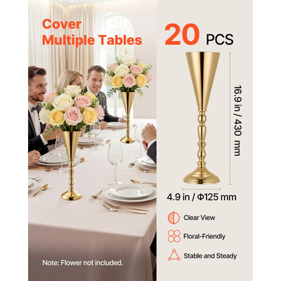 Βάζο λουλουδιών γάμου VEVOR 20 τεμαχίων, κεντρικά διακοσμητικά τραπεζιού με λουλούδια τρομπέτας ύψους 43 cm, βάζα δεξιώσεων εύκολης εγκατάστασης, ηλεκτρολυτικά επιμεταλλωμένη ευέλικτη βάση για πάρτι, διακόσμηση σπιτιού, δεξίωση, χρυσό