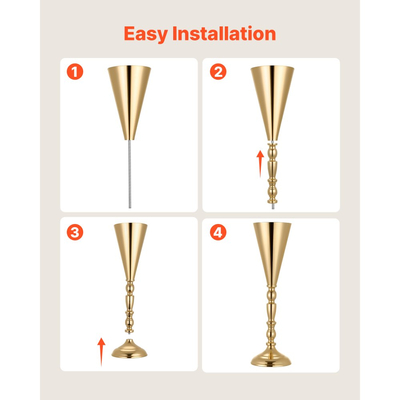 Βάζο λουλουδιών γάμου VEVOR 20 τεμαχίων, κεντρικά διακοσμητικά τραπεζιού με λουλούδια τρομπέτας ύψους 43 cm, βάζα δεξιώσεων εύκολης εγκατάστασης, ηλεκτρολυτικά επιμεταλλωμένη ευέλικτη βάση για πάρτι, διακόσμηση σπιτιού, δεξίωση, χρυσό