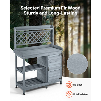 Τραπέζι VEVOR Potting, Ξύλινος Σταθμός Εργασίας Κηπουρικής Εξωτερικού Χώρου με Ντουλάπι Αποθήκευσης, Ράφια Αποθήκευσης, Ξύλινη Επιφάνεια Εργασίας 110 x 46 cm, Σταθμός Εργασίας Φύτευσης Κήπου για Αίθριο, Αυλή, Μπαλκόνι, Γκρι