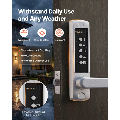 Μηχανική κλειδαριά εισόδου χωρίς κλειδί VEVOR, αναβάθμιση κωδικού 2.0, κωδικός 5 ψηφίων, κλειδαριά πόρτας με πληκτρολόγιο μονής όψης και λαβή, αυτόματο κλείδωμα, για πύλες κήπου, εσωτερικού ή εξωτερικού χώρου, ασημί