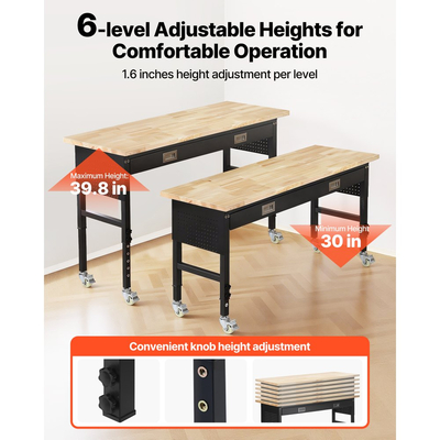 Ρυθμιζόμενος πάγκος εργασίας VEVOR 1524 mm, χωρητικότητα φορτίου 680 kg, πάγκος εργασίας γκαράζ με συρτάρι, πρίζα, ρόδες και σανίδα, βαρέως τύπου τραπέζι εργασίας από ξύλο βελανιδιάς για γκαράζ, εργαστήριο, γραφείο και σπίτι