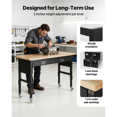 Ρυθμιζόμενος πάγκος εργασίας VEVOR 1524 mm, χωρητικότητα φορτίου 680 kg, πάγκος εργασίας γκαράζ με συρτάρι, πρίζα, ρόδες και σανίδα, βαρέως τύπου τραπέζι εργασίας από ξύλο βελανιδιάς για γκαράζ, εργαστήριο, γραφείο και σπίτι