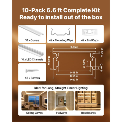 VEVOR 10 τεμάχια καναλιών αλουμινίου LED σχήματος U 6,6 ft/2M, με γαλακτώδες κάλυμμα, καπάκια και κλιπ στερέωσης, προφίλ αλουμινίου για εγκαταστάσεις λωρίδων LED, εύκολη εγκατάσταση, για κάτω από τον πάγκο ντουλαπιού