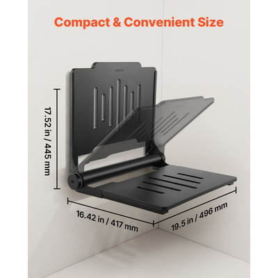 Πτυσσόμενο κάθισμα ντους VEVOR για τοποθέτηση στον τοίχο, πτυσσόμενος πάγκος ντους 452 mm με υποστηρικτική πλάτη, πλαστικό πτυσσόμενο κάθισμα διαδρόμου μπάνιου με πλαίσιο από ανοξείδωτο ατσάλι για ενήλικες και ηλικιωμένους, φόρτωση 180 kg