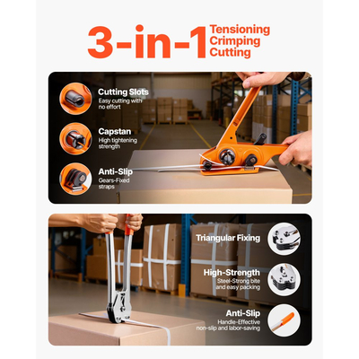 Κιτ δεσίματος ταινίας VEVOR, Εργαλείο σφράγισης ταινίας βαρέως τύπου με ταινία PP μήκους 100 m, 100 μεταλλικές σφραγίδες, Κιτ δεσίματος συσκευασίας παλέτας από πλαστικό χειροκίνητο για αποθήκη/αποστολή/μετακόμιση/σπίτι, πορτοκαλί