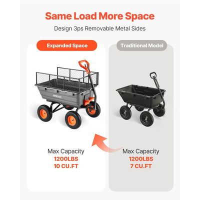 Καρότσι απορριμμάτων κήπου VEVOR, καρότσι πολυαιθυλενίου 544 kg, καρότσια κήπου, καρότσι απορριμμάτων με φράχτη αποθήκευσης, μετατρέψιμη λαβή 2 σε 1, μηχανισμός γρήγορης απορριμματοσυλλογής 90°, περιστρεφόμενοι τροχοί 180°, καρότσι κήπου για φυτά, χώμα