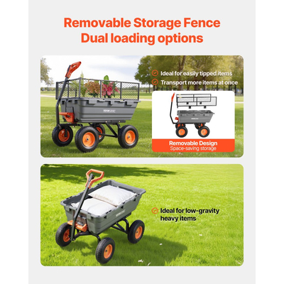 Καρότσι απορριμμάτων κήπου VEVOR, καρότσι πολυαιθυλενίου 544 kg, καρότσια κήπου, καρότσι απορριμμάτων με φράχτη αποθήκευσης, μετατρέψιμη λαβή 2 σε 1, μηχανισμός γρήγορης απορριμματοσυλλογής 90°, περιστρεφόμενοι τροχοί 180°, καρότσι κήπου για φυτά, χώμα