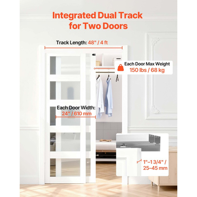 Κιτ εξαρτημάτων συρόμενης πόρτας παράκαμψης VEVOR, εξαρτήματα πόρτας παράκαμψης διπλής τροχιάς από κράμα αλουμινίου 1219 mm, ομαλή και αθόρυβη ολίσθηση, εύκολη εγκατάσταση, για σύστημα 2 πορτών πάχους 25 έως 45 mm και πλάτους 610 mm