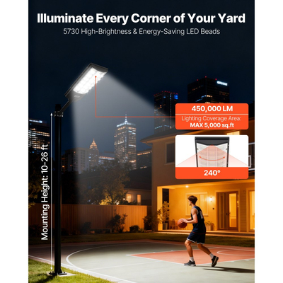 VEVOR 8000W Ηλιακό Φως Δρόμου Εξωτερικού Χώρου, 450000LM, Φως Εμπορικού Χώρου Στάθμευσης από το Σούρουπο έως την Αυγή, Λάμπα LED Πλημμύρας με Αισθητήρα Κίνησης, Αδιάβροχος Εξωτερικός Φωτισμός IP65, για Αυλή, 1 Συσκευασία