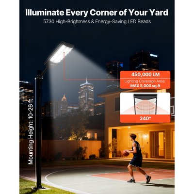 VEVOR 8000W Ηλιακά φώτα δρόμου εξωτερικού χώρου, 450000LM, Φώτα επαγγελματικού χώρου στάθμευσης από το σούρουπο έως την αυγή, Λαμπτήρας ασφαλείας LED πλημμύρας με αισθητήρα κίνησης, Αδιάβροχος εξωτερικός φωτισμός IP65, για αυλή, 3 τεμάχια