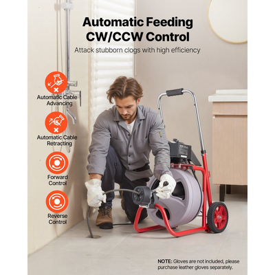Μηχανή καθαρισμού αποχέτευσης VEVOR 22m x 9,5mm, Αυτόματη τροφοδοσία αποχετευτικού κοχλία τύπου φιδιού σε τροχούς, Φορητή μηχανή καθαρισμού αποχέτευσης με 8 κοπτικά & διακόπτη ποδιού με ενεργοποίηση αέρα για σωλήνες 50mm έως 100mm
