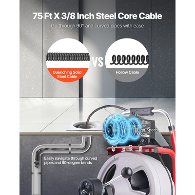 Μηχανή καθαρισμού αποχέτευσης VEVOR 22m x 9,5mm, Αυτόματη τροφοδοσία αποχετευτικού κοχλία τύπου φιδιού σε τροχούς, Φορητή μηχανή καθαρισμού αποχέτευσης με 8 κοπτικά & διακόπτη ποδιού με ενεργοποίηση αέρα για σωλήνες 50mm έως 100mm