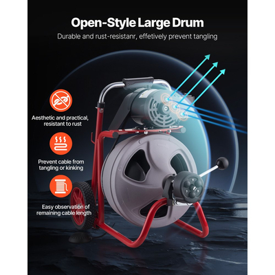 Μηχανή καθαρισμού αποχέτευσης VEVOR 22m x 9,5mm, Αυτόματη τροφοδοσία αποχετευτικού κοχλία τύπου φιδιού σε τροχούς, Φορητή μηχανή καθαρισμού αποχέτευσης με 8 κοπτικά & διακόπτη ποδιού με ενεργοποίηση αέρα για σωλήνες 50mm έως 100mm