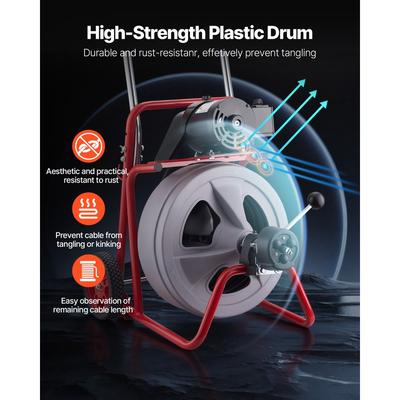 Μηχανή καθαρισμού αποχέτευσης VEVOR 30m x 13mm, Αυτόματη τροφοδοσία αποχετευτικού κοχλία τύπου φιδιού σε τροχούς, Φορητή μηχανή καθαρισμού αποχέτευσης με 8 κοπτικά & διακόπτη ποδιού με ενεργοποίηση αέρα για σωλήνες 50mm έως 150mm