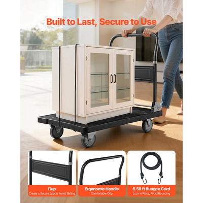 Πτυσσόμενο καρότσι μεταφοράς VEVOR, χωρητικότητας 453,59 kg, πτυσσόμενο καρότσι πλατφόρμας με περιστρεφόμενους τροχούς, καρότσι με κινούμενη πλατφόρμα και επίπεδη καρότσα, λαβή ώθησης εξοικονόμησης χώρου, για εύκολη αποθήκευση, 895 x 595 x 850 mm