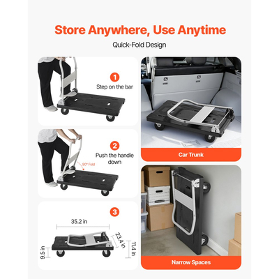 Πτυσσόμενο καρότσι μεταφοράς VEVOR, χωρητικότητας 299,37 kg, πτυσσόμενο καρότσι πλατφόρμας με περιστρεφόμενους τροχούς, καρότσι με κινούμενη πλατφόρμα και επίπεδη καρότσα, λαβή ώθησης εξοικονόμησης χώρου, για εύκολη αποθήκευση, 895 x 595 x 850 mm