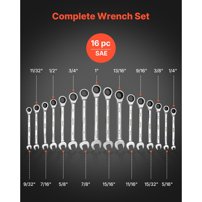 Σετ κλειδιών VEVOR, 16 τεμαχίων, μεγέθη SAE, 72 δόντια, σετ κλειδιών με καστάνια από χάλυβα Cr-V, με θήκη για ρολό, ανοιχτό άκρο, διαφανείς ετικέτες μεγέθους, για γενικές επισκευές σπιτιού και αυτοκινήτων, ασημί